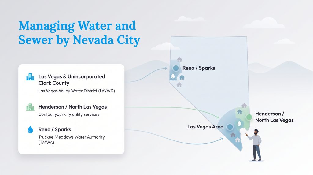Infographic map showing Nevada water utility providers by city and region.