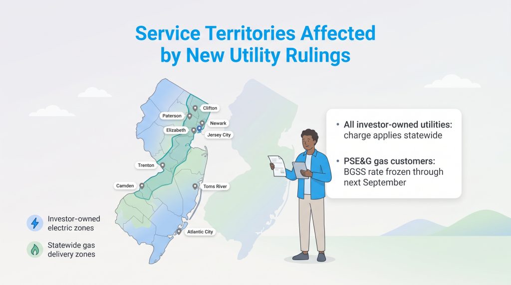Map of New Jersey service territories for electric and gas utilities affected by rulings