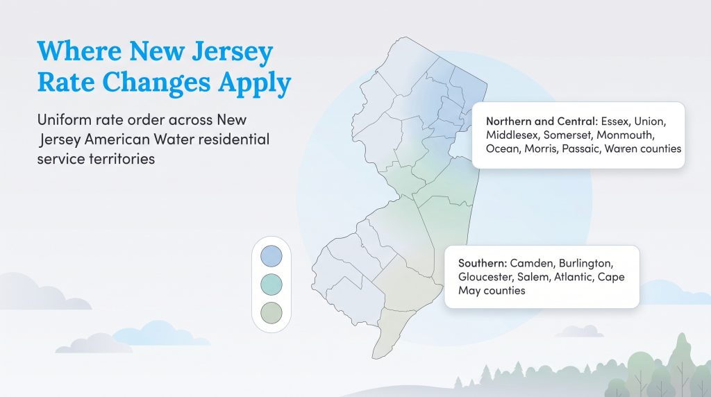 Map showing Northern, Central, and Southern New Jersey counties affected by rate changes.