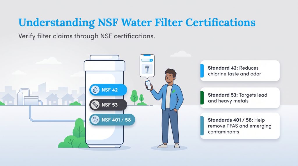 Graphic outlining NSF Standards 42, 53, and 401 or 58 for water filter certifications.