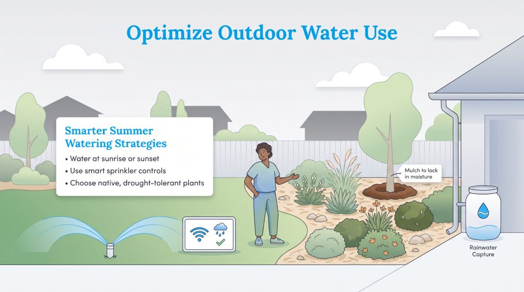 Illustration of eco-friendly outdoor watering tips like smart sprinklers and rainwater capture