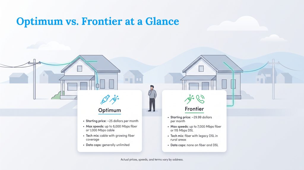 Side-by-side comparison of Optimum and Frontier internet pricing, speeds, and technology.