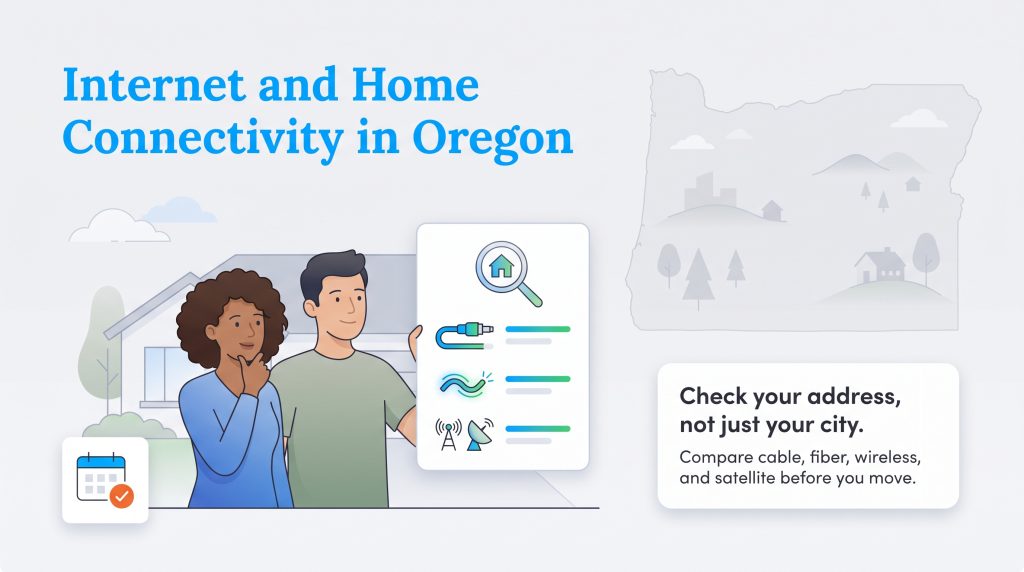 Couple comparing Oregon home internet options like cable, fiber, and wireless.