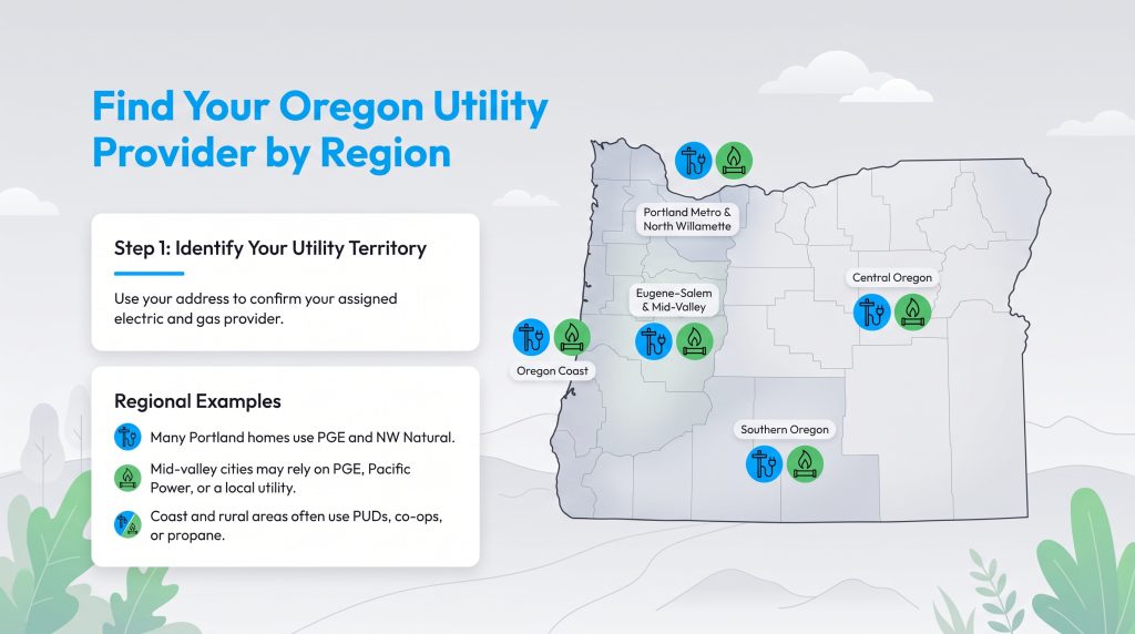 Map of Oregon utility regions showing electric and gas providers by geographic territory.