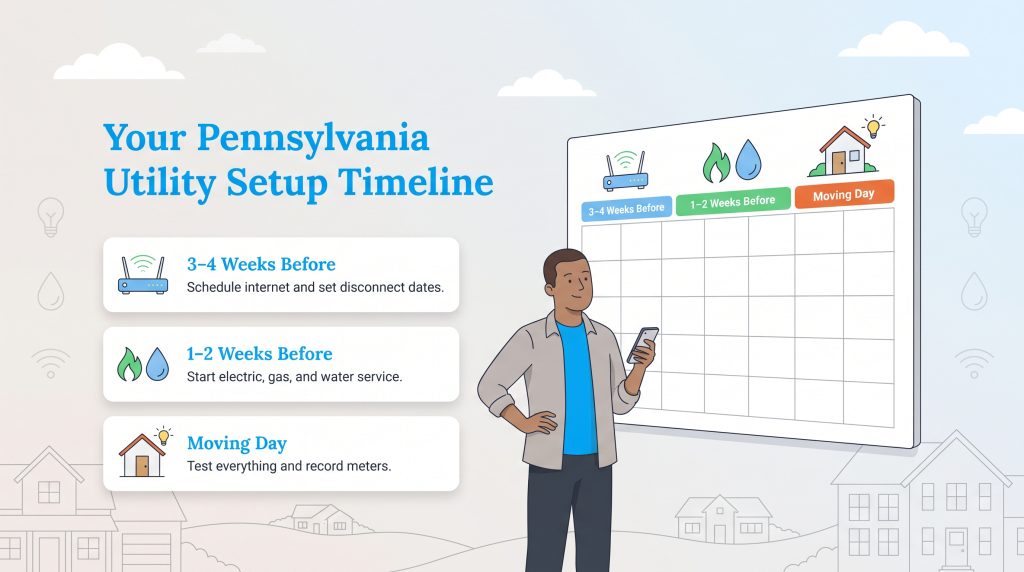 Timeline chart showing utility setup tasks before and on moving day in Pennsylvania.