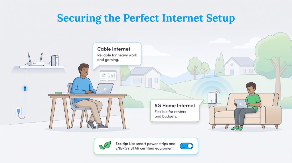Illustration comparing cable internet for heavy work and 5G home internet for flexibility