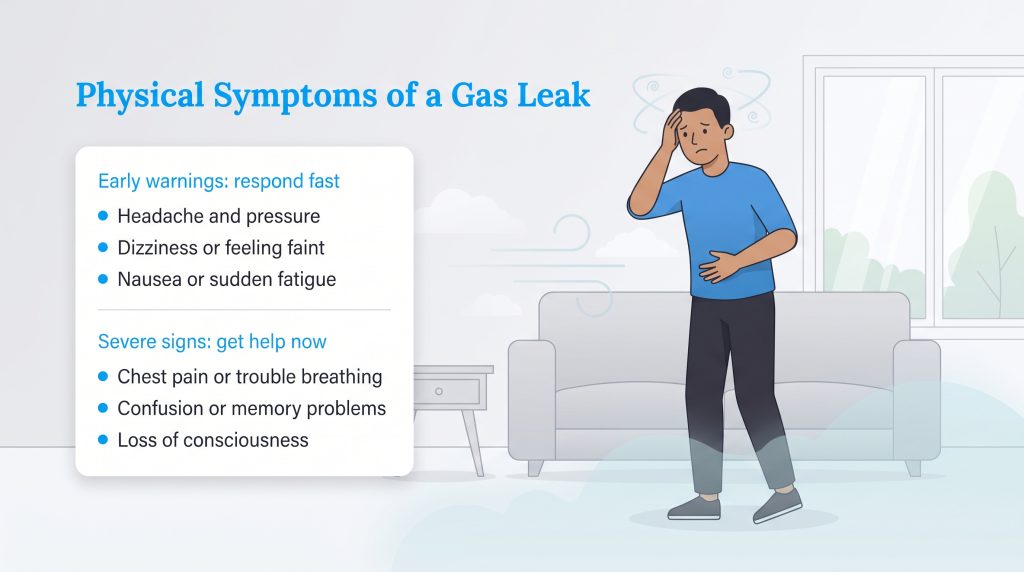 Infographic listing early and severe physical symptoms of a gas leak with a dizzy man.