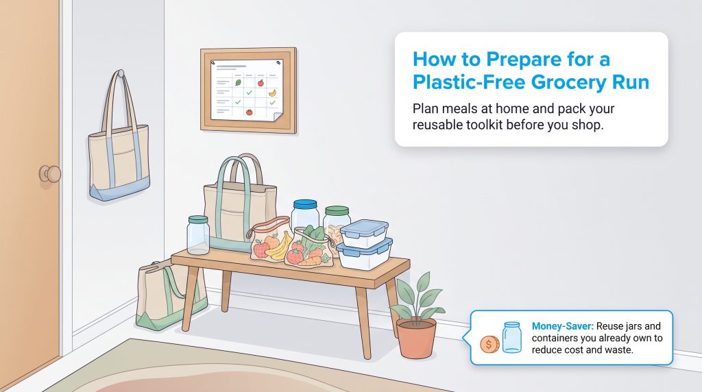 Reusable bags, jars, mesh produce bags, and containers arranged on a bench by an entryway