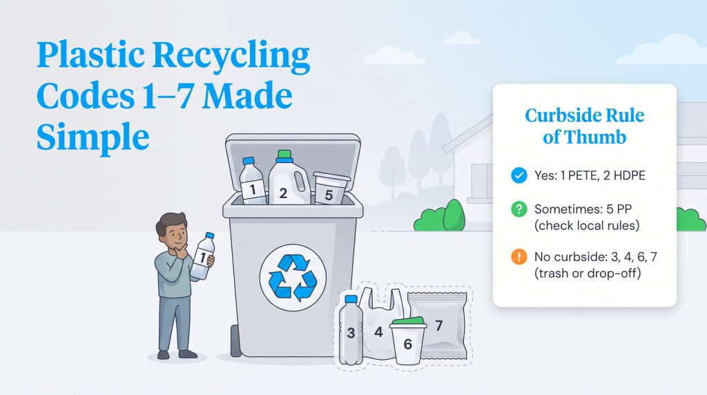 An infographic showing curbside rules for plastic recycling codes 1 through 7.