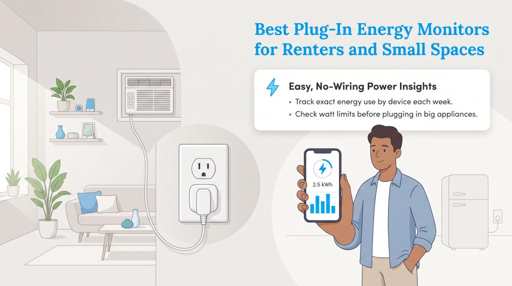 Illustration of a man holding a smartphone displaying energy usage from a smart plug.
