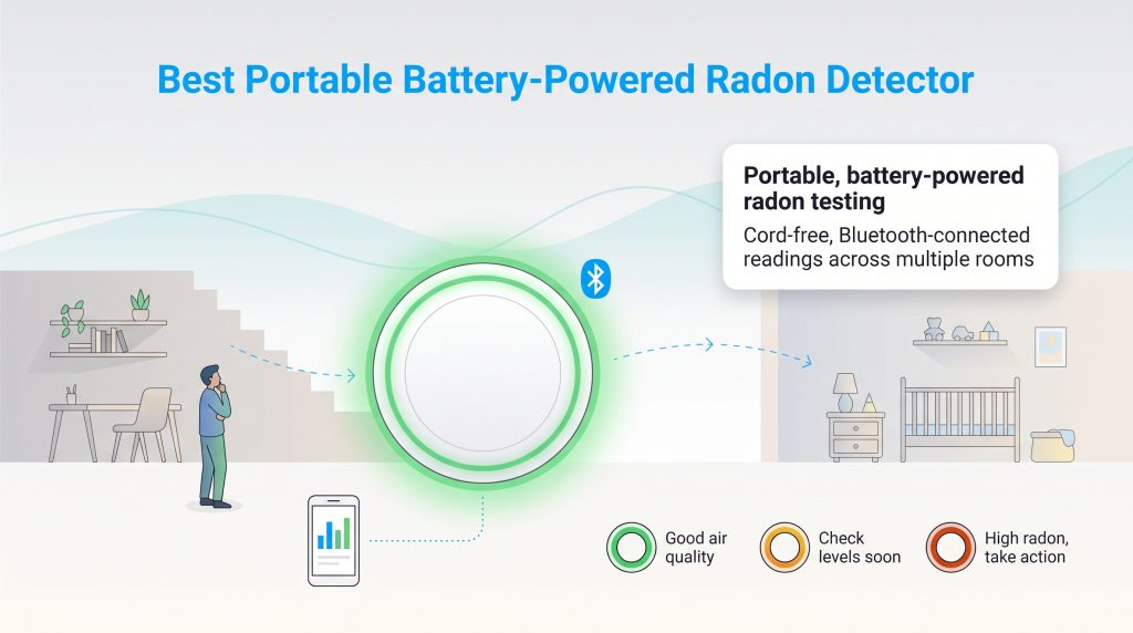 Visual guide of a portable, battery-powered radon detector with color-coded status rings.
