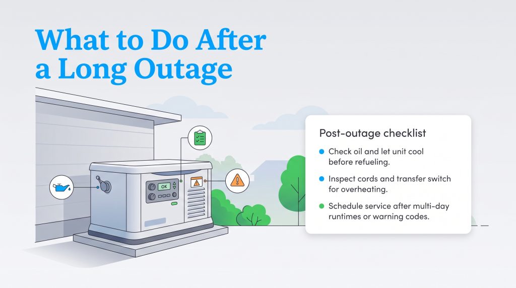 Illustration of a standby generator with a checklist for maintenance after a power outage.