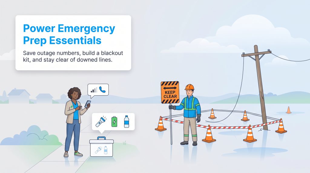 Graphic showing power outage prep tips and keeping clear of a downed power line.