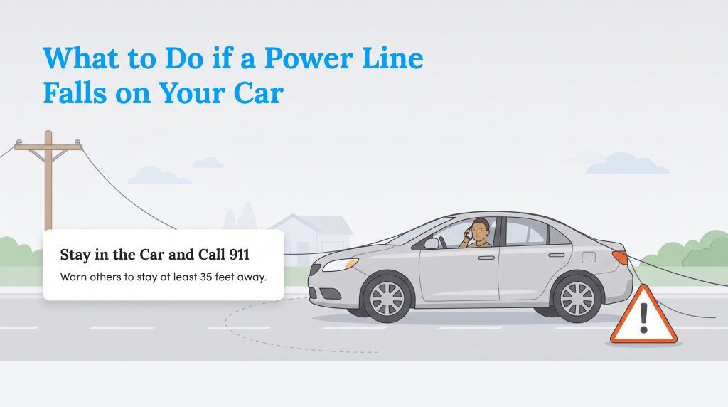 Illustration of a downed power line on a car with the driver inside calling 911