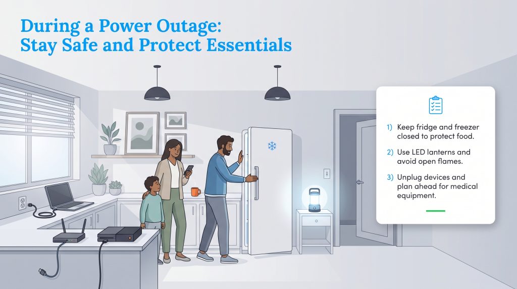 Family in a kitchen practicing safety tips during a power outage