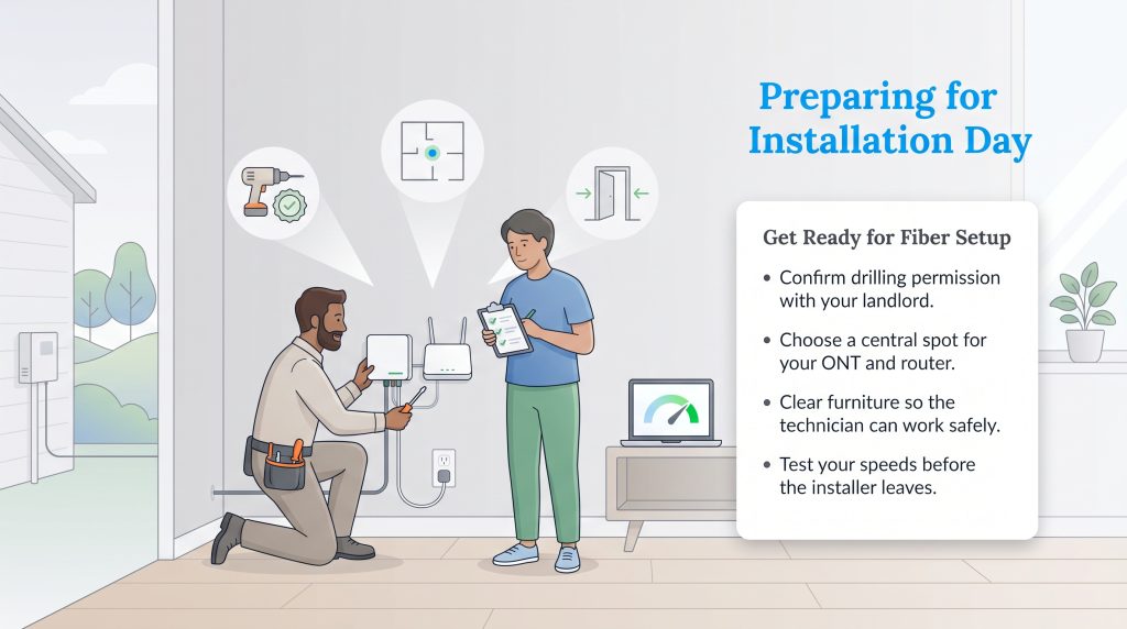 Illustration of a technician installing fiber hardware while a homeowner reviews a checklist