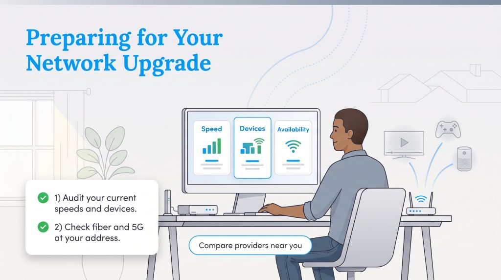 Illustration of a man auditing home internet speed, devices, and local availability