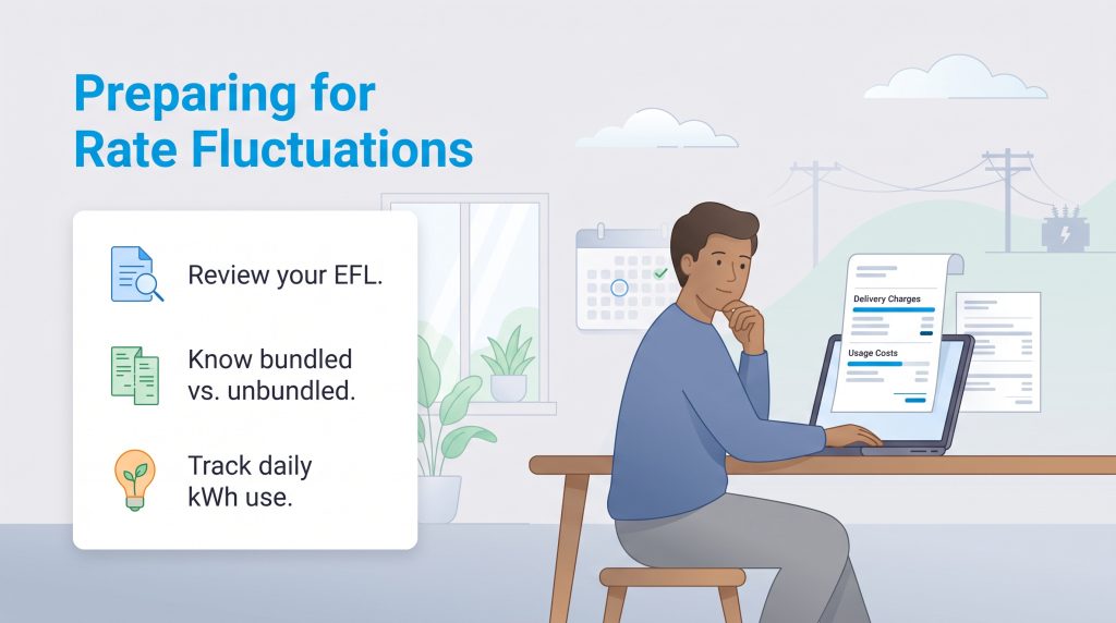 Illustration of a person analyzing their home electricity bill on a laptop