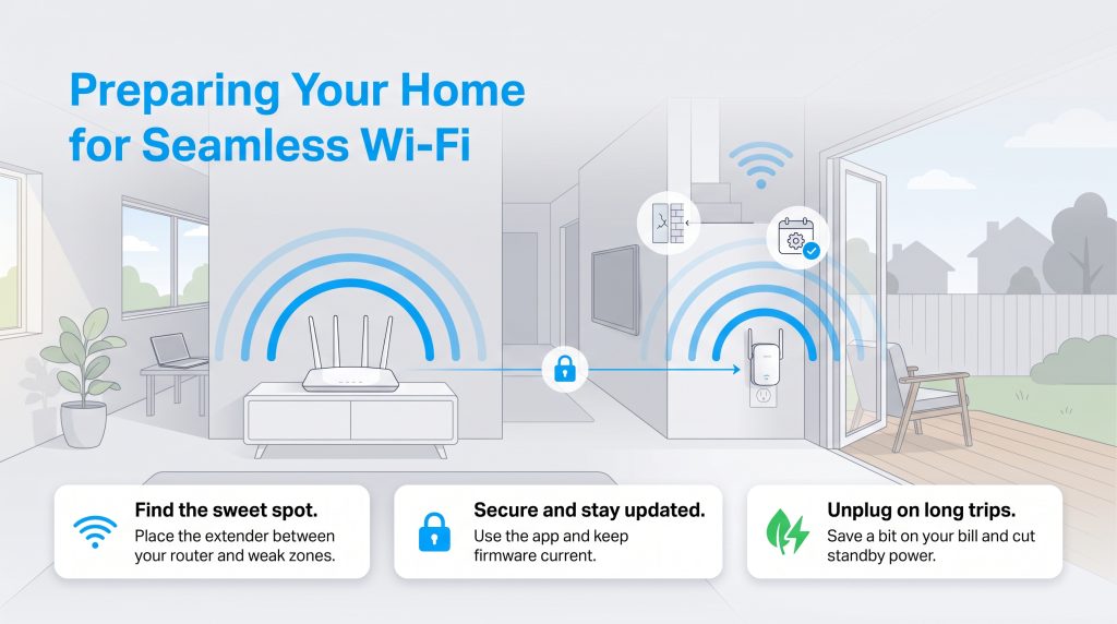 Illustration of home Wi-Fi optimization using a router and an extender.