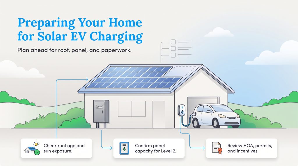 Illustration of a home with solar panels charging an electric vehicle and key preparation steps
