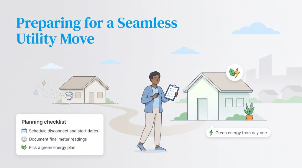 Illustration of a person transferring utilities from an old house to a new sustainable home.