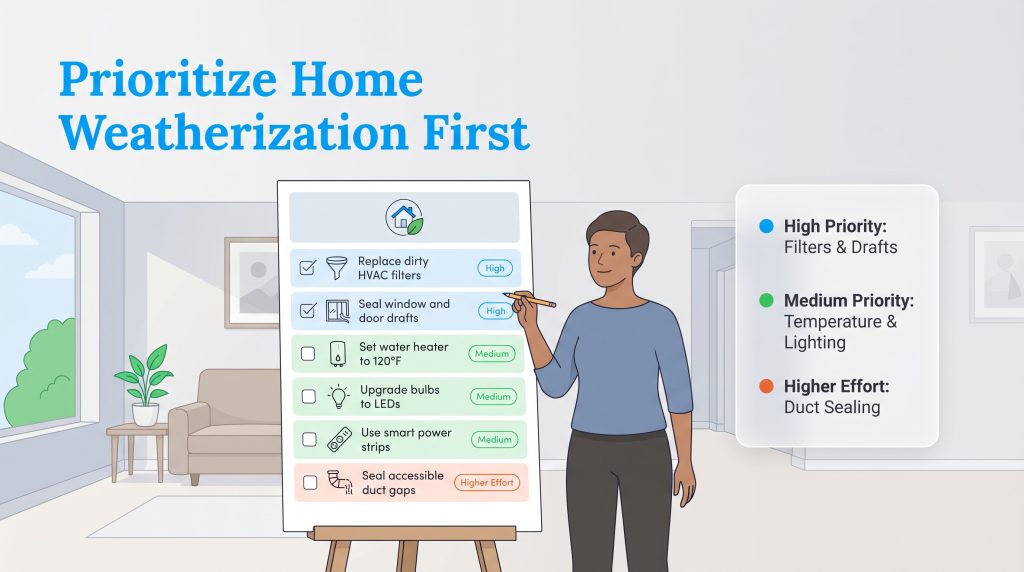 An illustration showing prioritized tasks for home weatherization on a checklist easel.