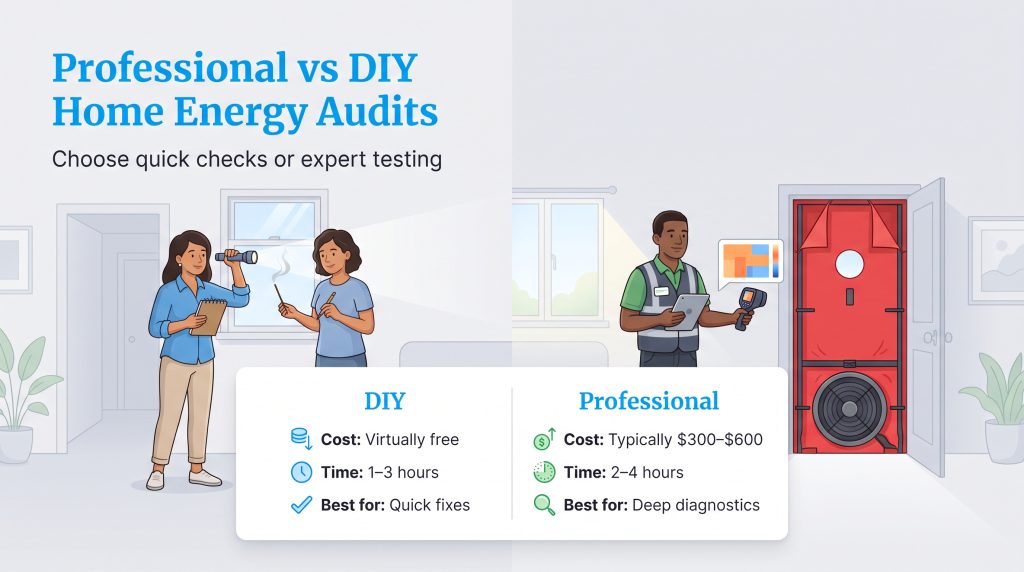 Comparison of DIY and professional home energy audits showing costs and benefits