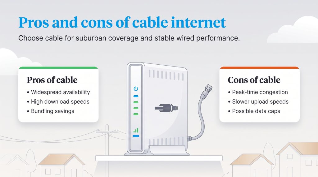 Infographic showing the pros and cons of cable internet alongside a modem illustration