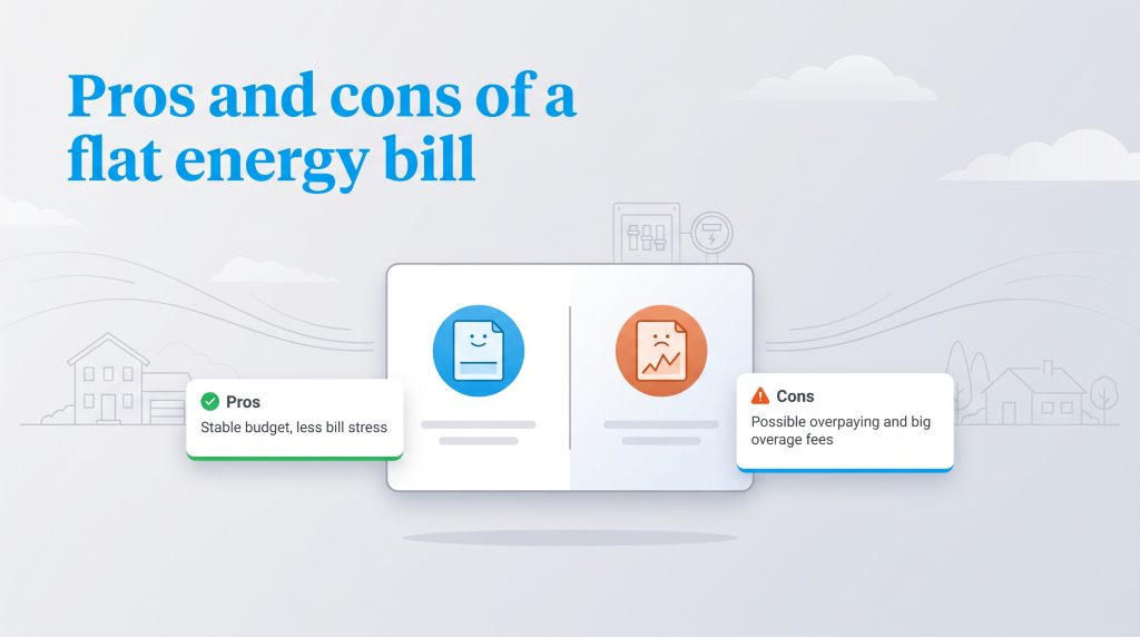Pros and cons of a flat energy bill showing budget stability versus risk of overage fees