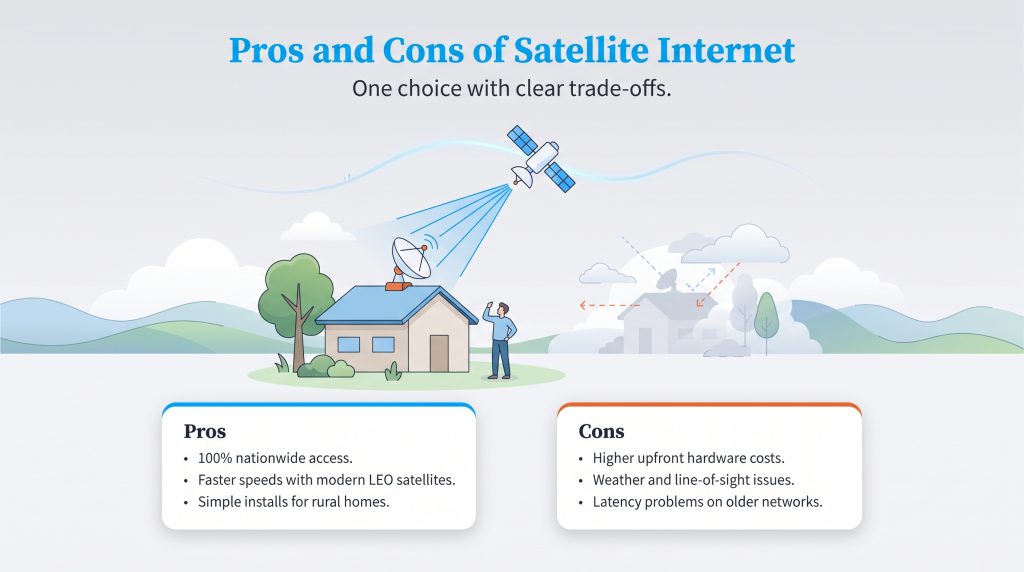 An infographic illustrating the pros and cons of satellite internet for rural homes