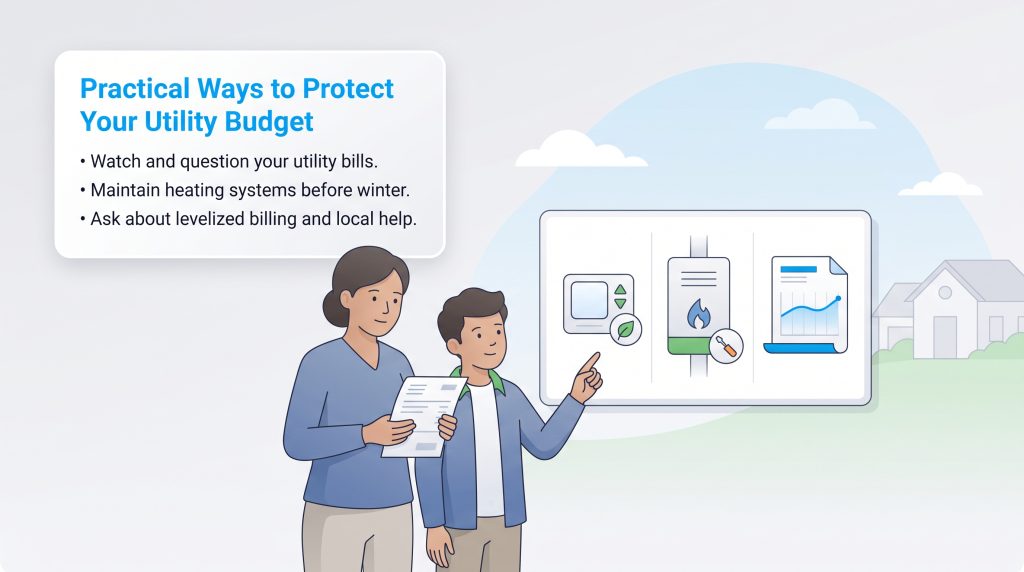 Two people reviewing home energy and utility budget tips shown on a display board.