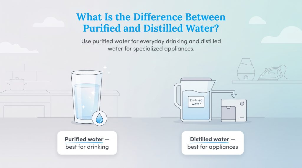 Graphic comparing purified water for drinking and distilled water for household appliances.