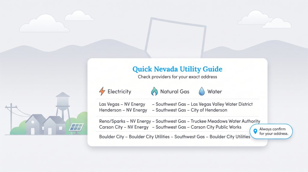 Quick Nevada utility guide listing electricity, gas, and water providers by city.