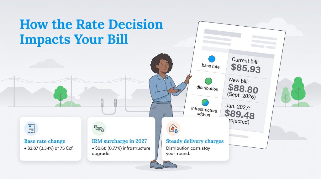 Infographic explaining how a rate decision increases a typical monthly utility bill over time.