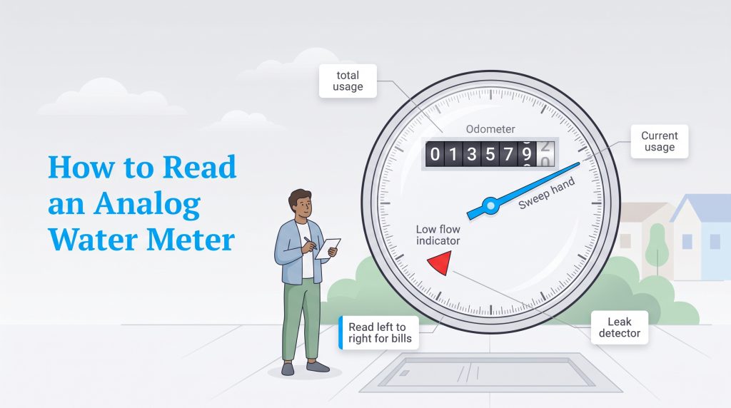 Infographic showing how to read an analog water meter with labeled components.