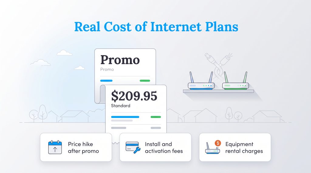 Breakdown of hidden internet fees including price hikes, install fees, and equipment rentals.