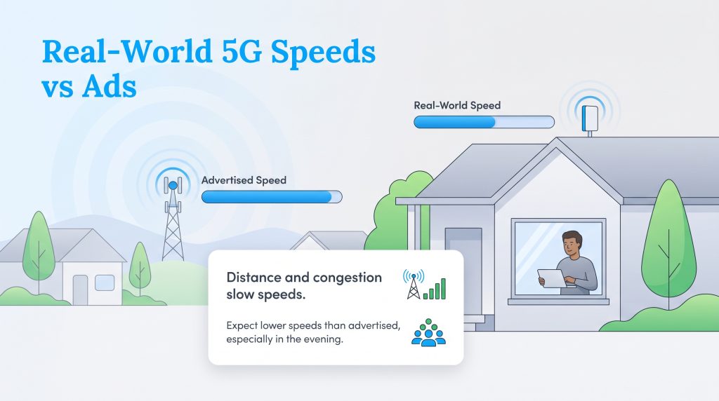 Illustration comparing high advertised 5G speed to lower real-world speed at home.