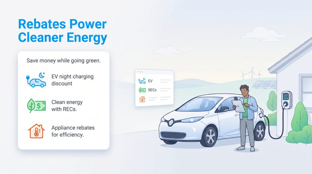 Man charging electric vehicle at home next to a list of clean energy rebate options.