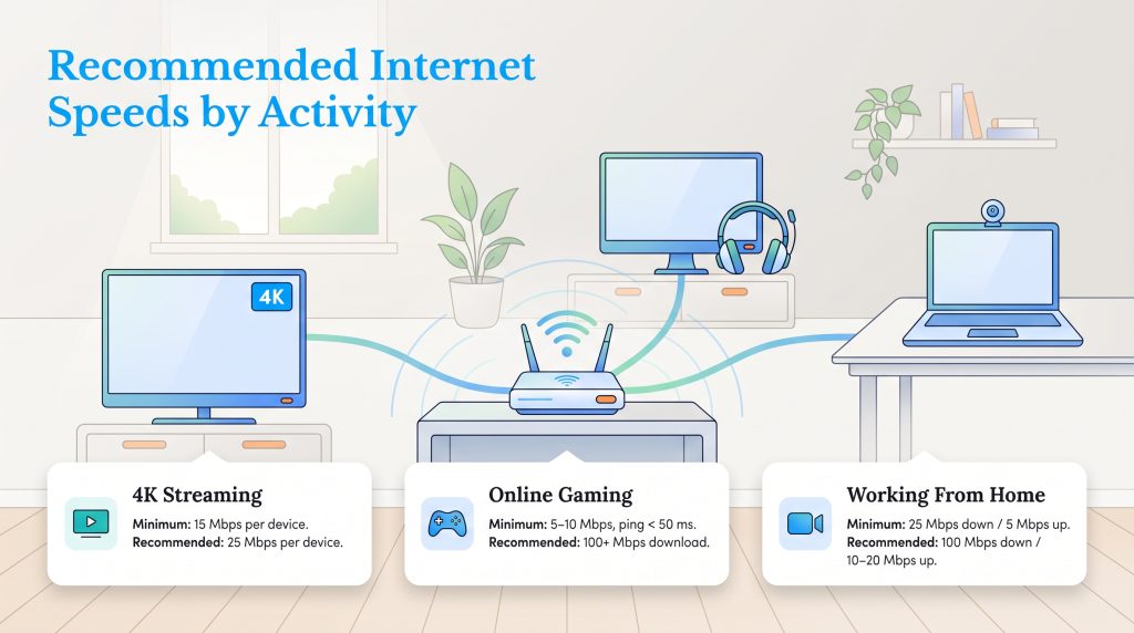 Infographic of recommended internet speeds for streaming, gaming, and working from home.
