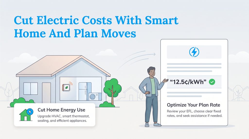 Illustration showing steps to cut electricity costs by reducing energy use and optimizing rates.
