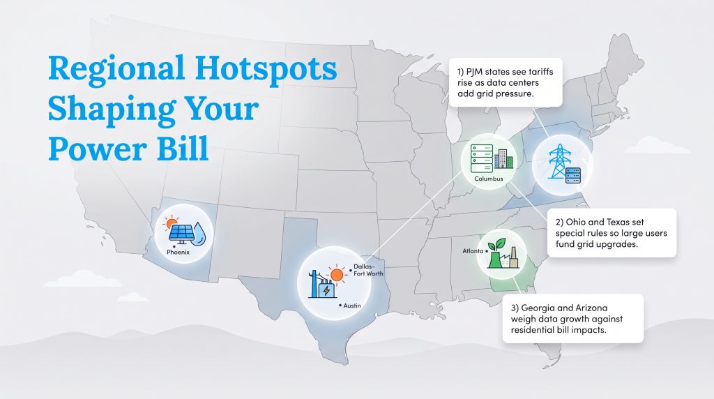 Map showing US regions where data center power demand affects local electric bills