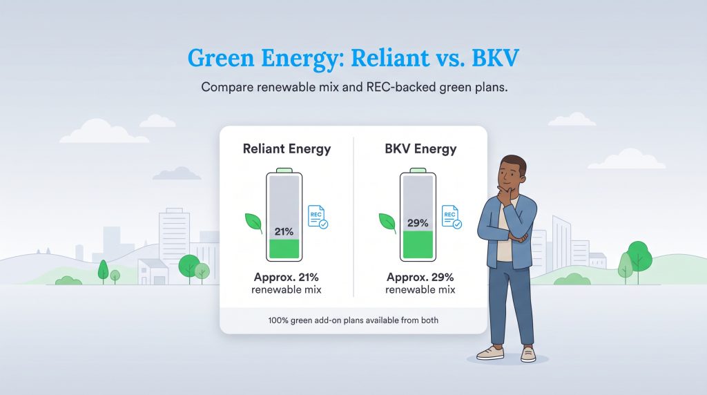 Comparison of renewable energy mixes showing Reliant Energy at 21% and BKV Energy at 29%.