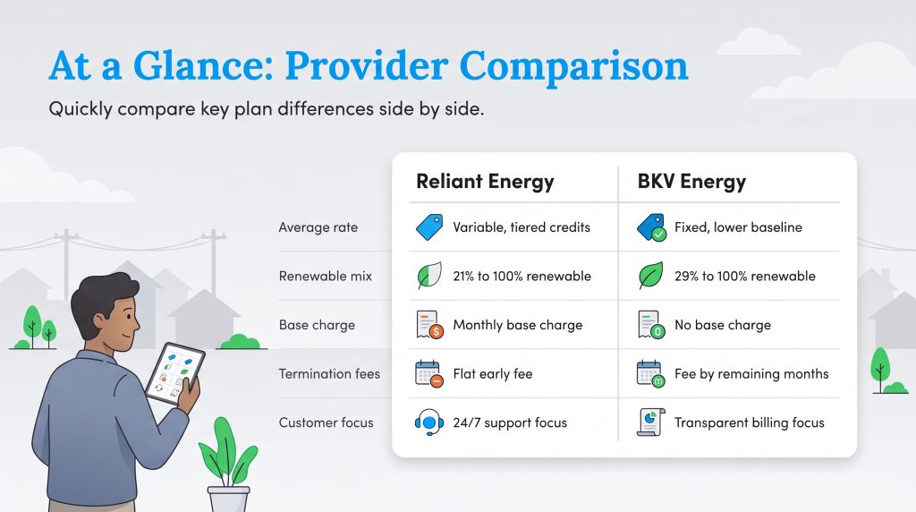 Comparison table between Reliant Energy and BKV Energy across key service metrics