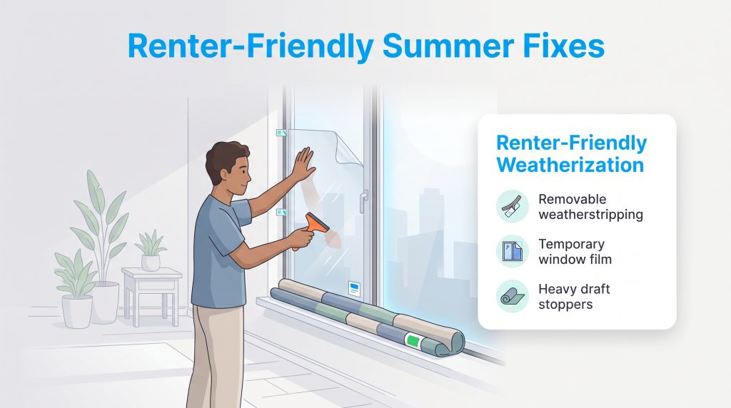 Man applying window film next to a list of renter-friendly weatherization tips.