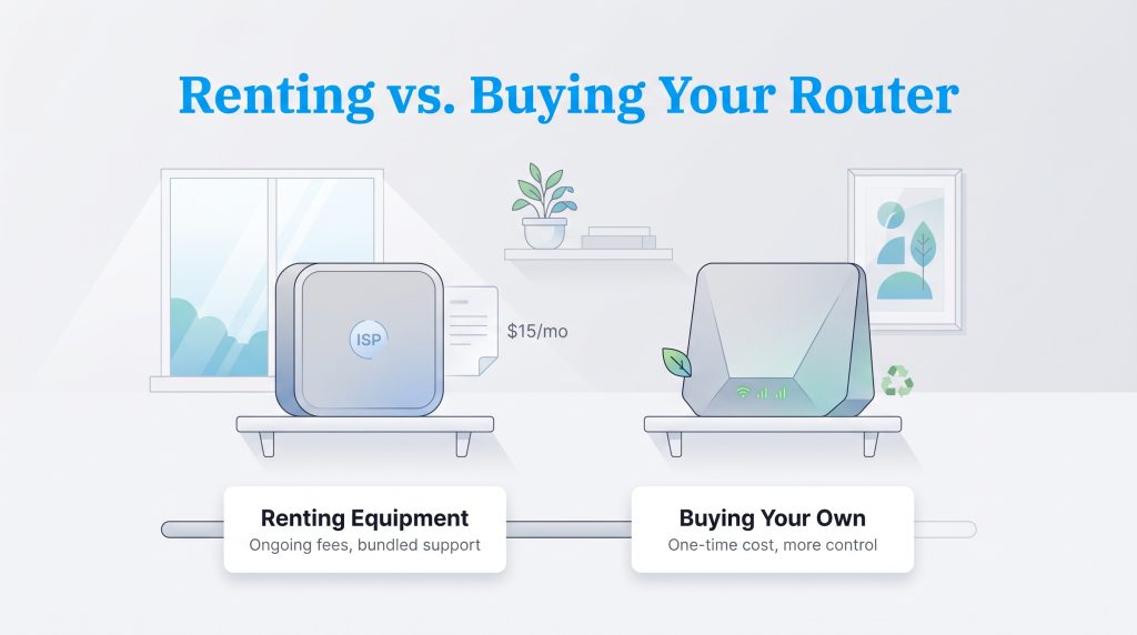 Graphic comparing renting an ISP router with ongoing fees versus buying your own.
