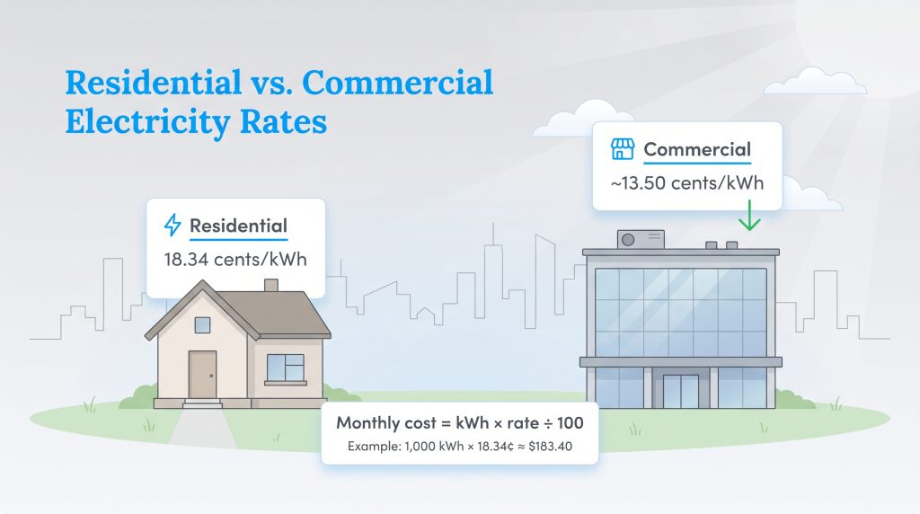 Comparison of residential electricity rates at 18.34 cents per kWh and commercial at 13.50 cents