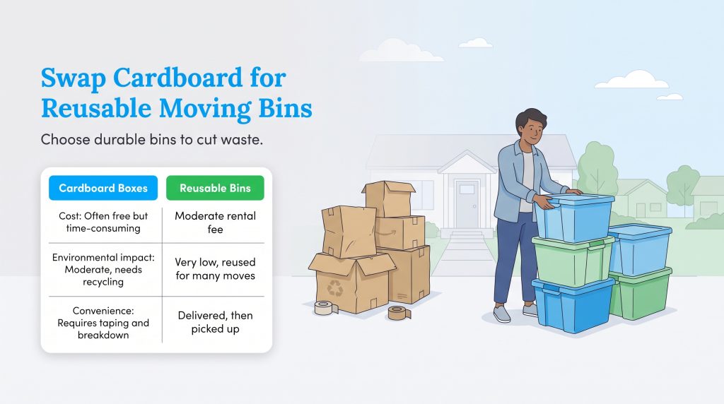 Comparison table and illustration of cardboard boxes versus reusable plastic moving bins.