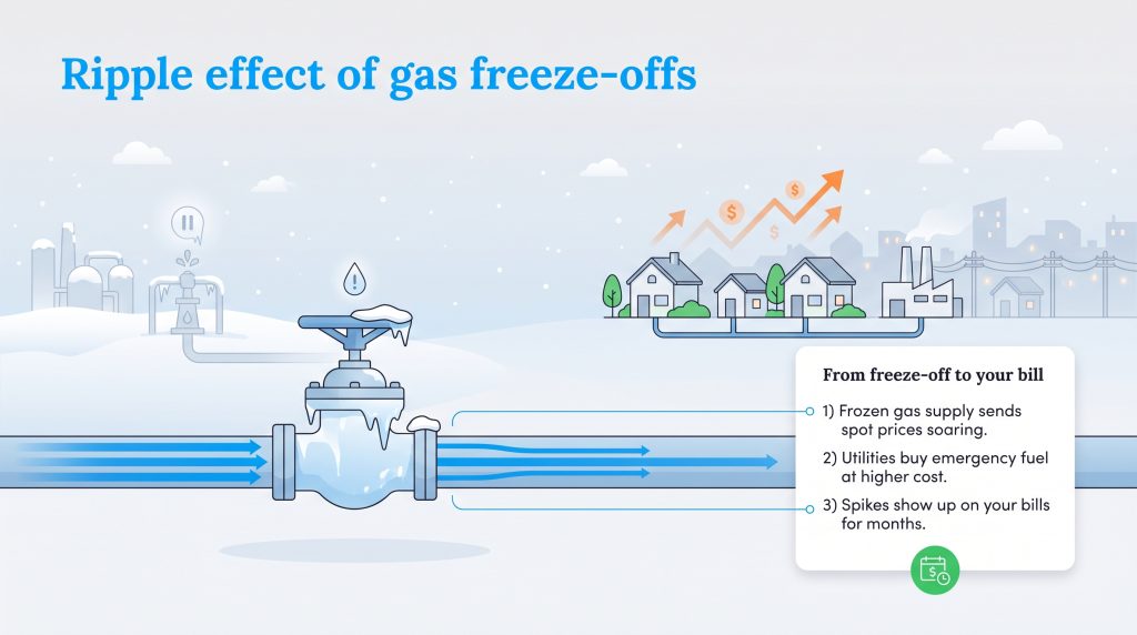 Diagram showing how frozen gas pipelines cause reduced supply and higher utility bills