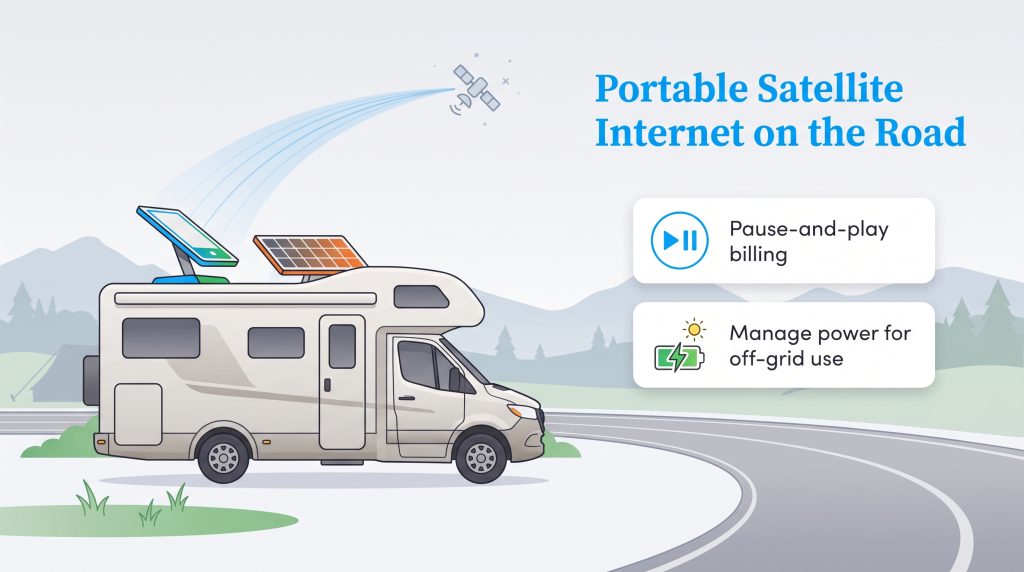 Illustration of an RV with a roof-mounted satellite dish receiving data on the road