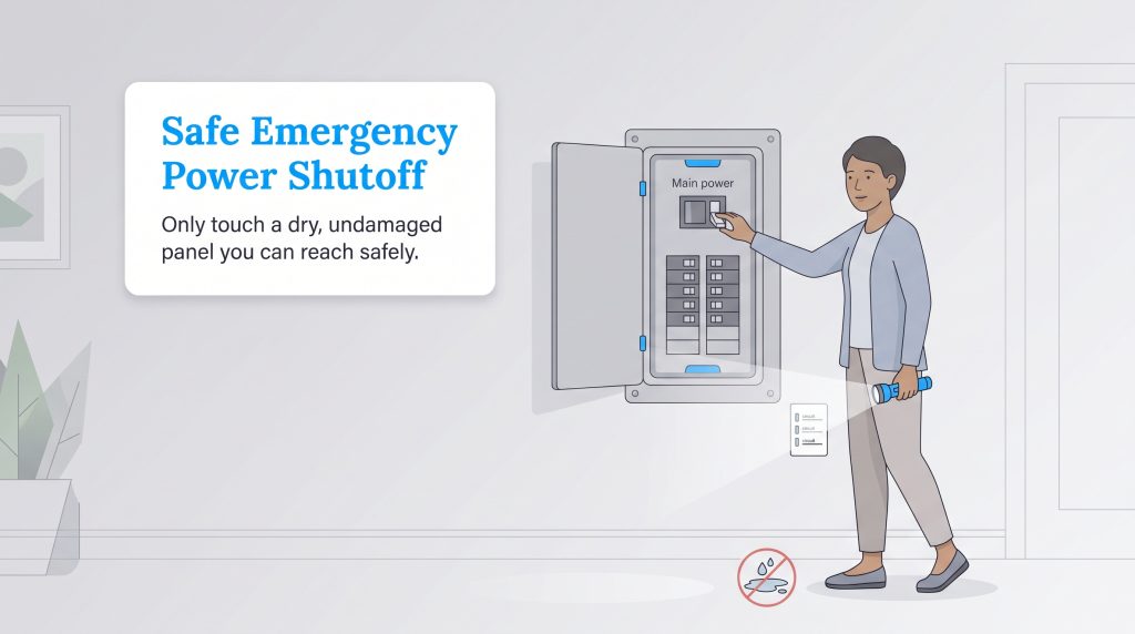 An illustration showing how to safely turn off a home electrical panel during an emergency.